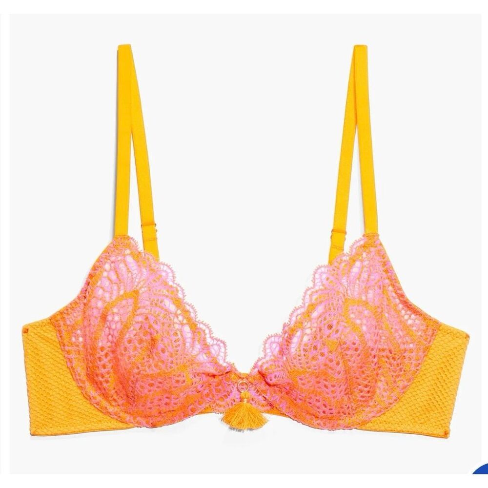 Savage X Fenty 32B stranded in lace crochet plunge bra orange crème